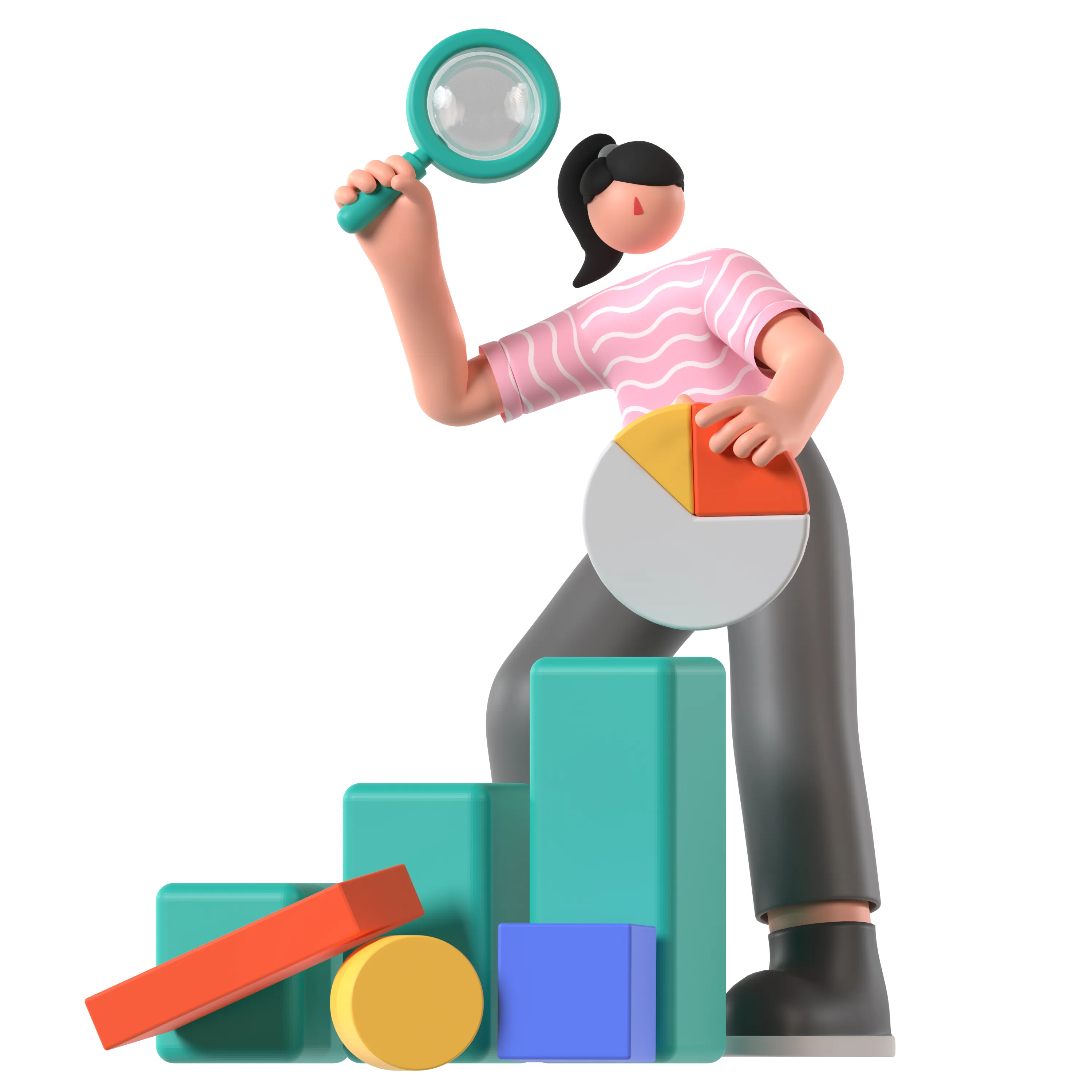 Ilustración 3D de una persona revisando gráficas de resultados