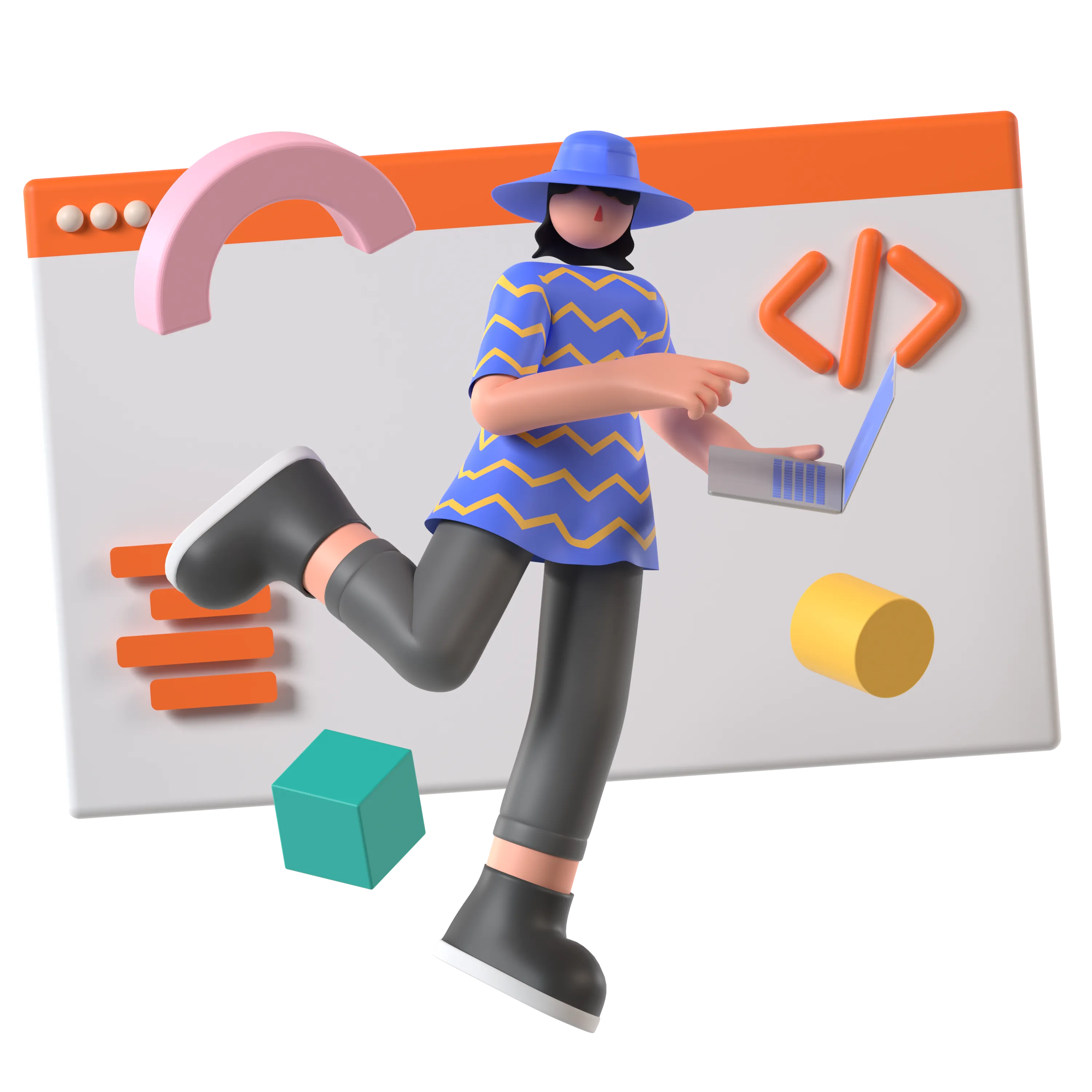 Ilustración 3D de una desarrolladora saltando frente a una ventana de navegador con líneas de código