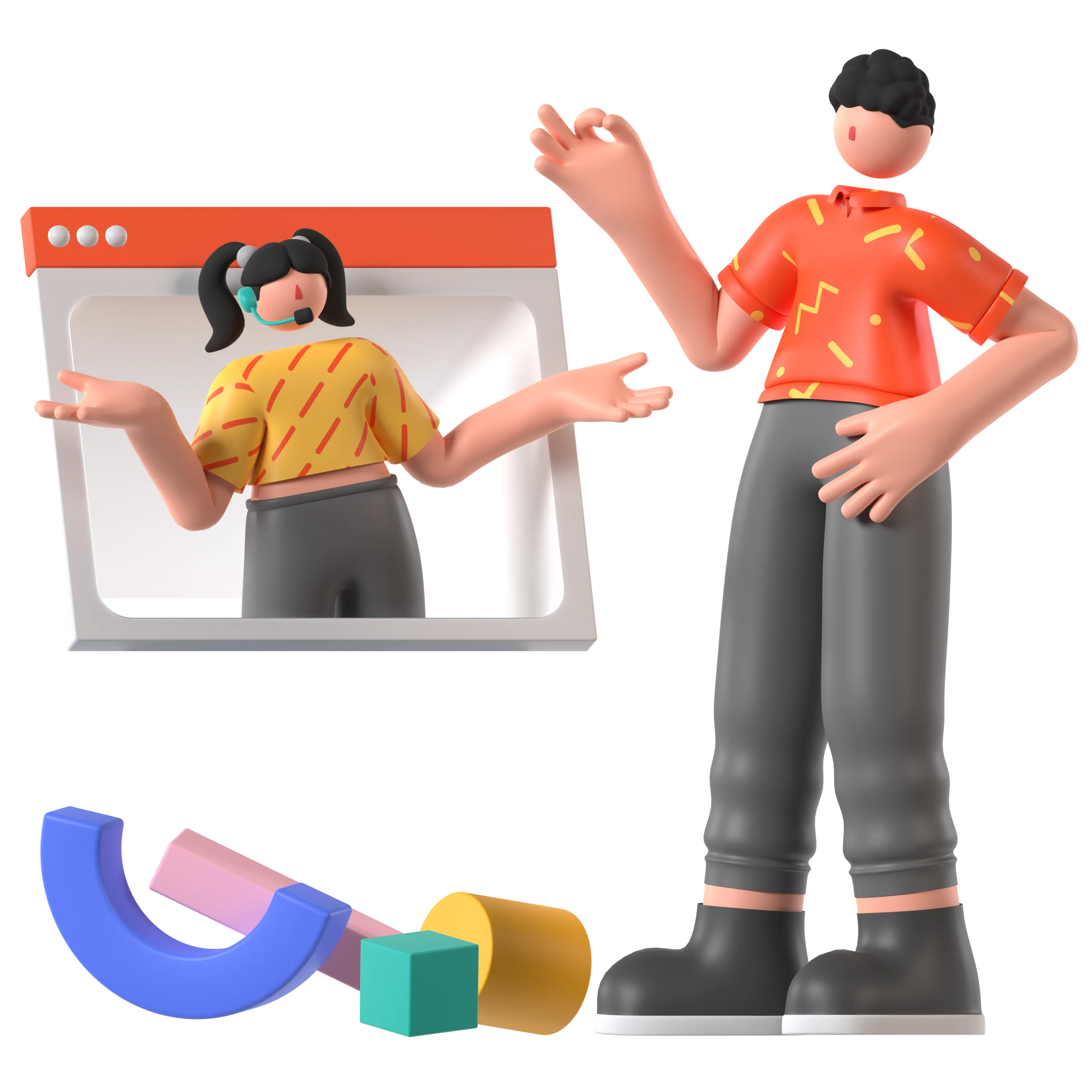 Ilustración 3D de una persona atendiendo con audífonos y laptop