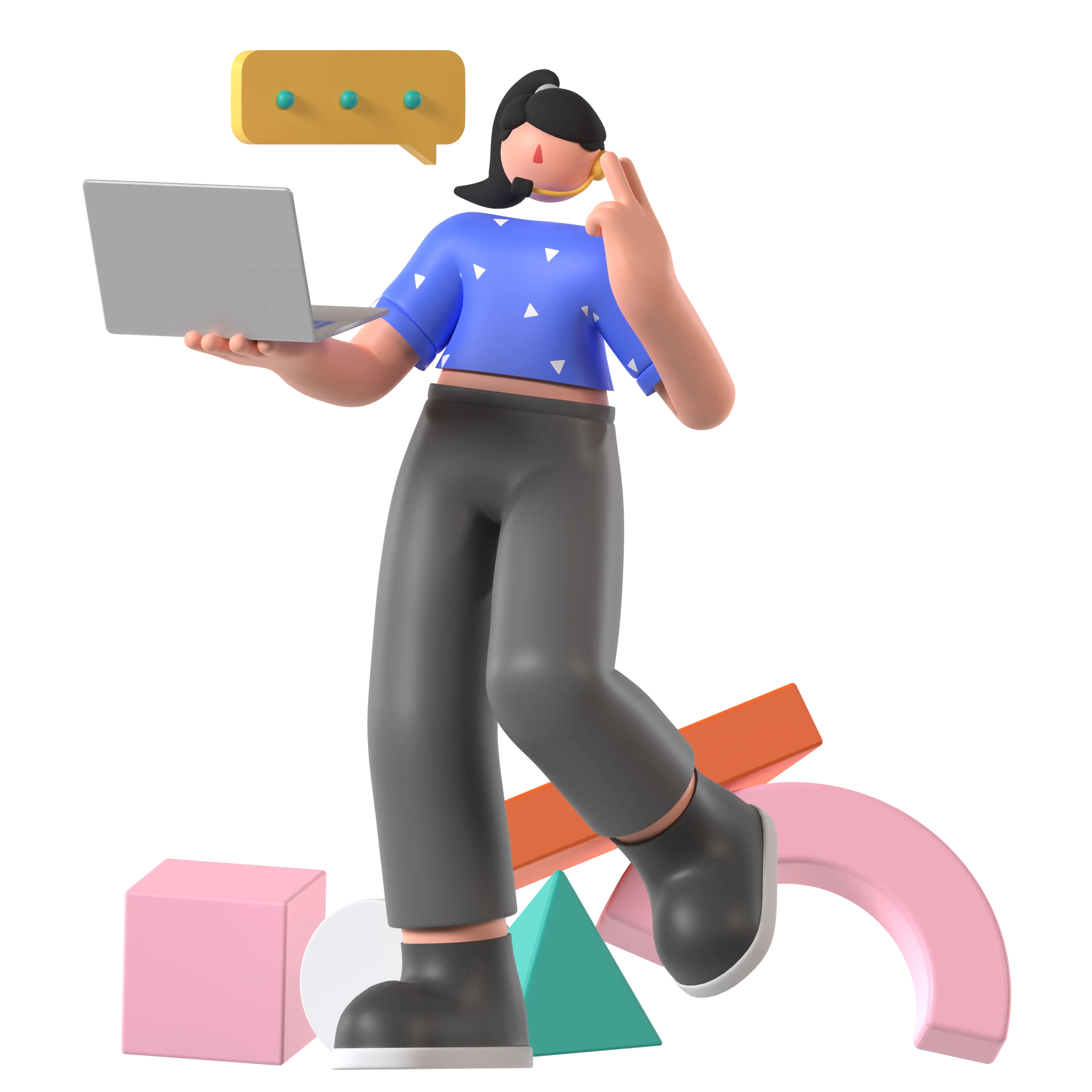 Ilustración 3D de una persona de soporte con laptop y audífonos