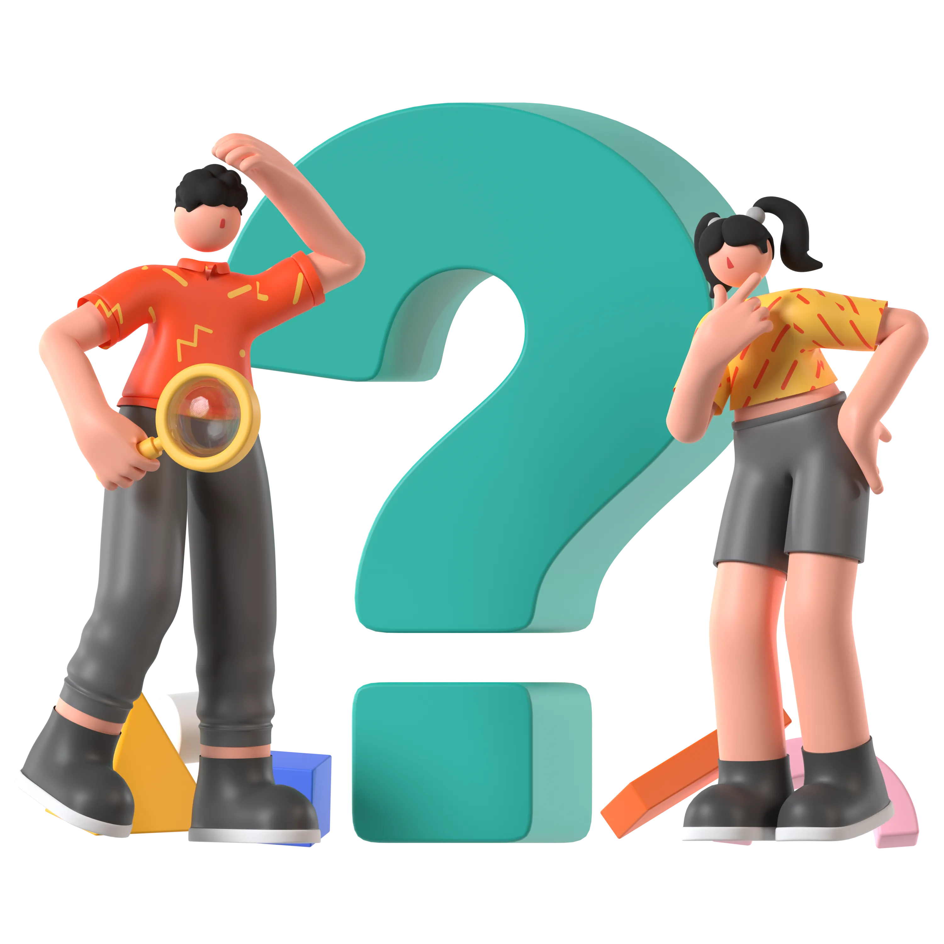 Ilustración 3D de dos personas con un signo de interrogación
