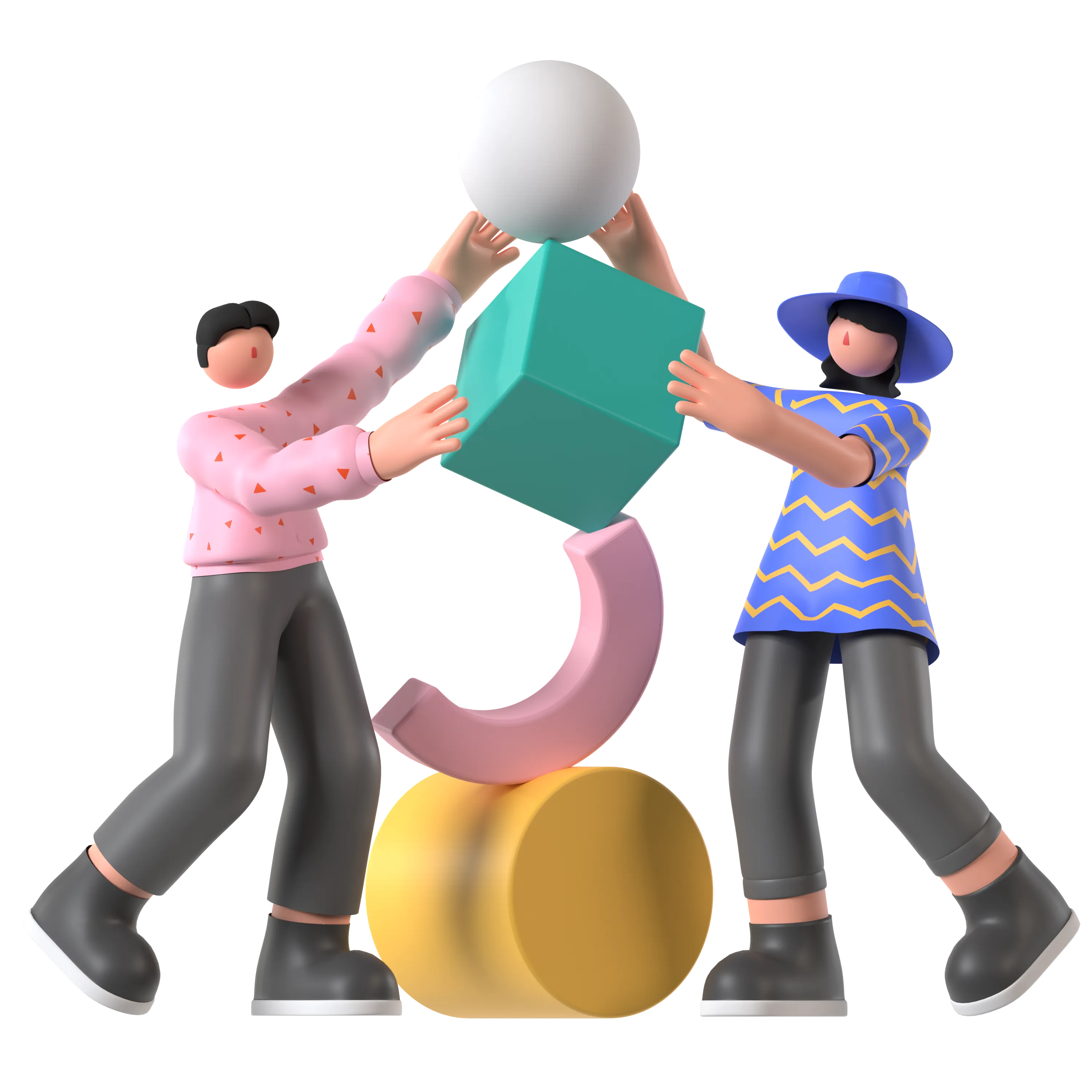 Ilustración 3D de dos personas armando piezas de un proyecto en equipo