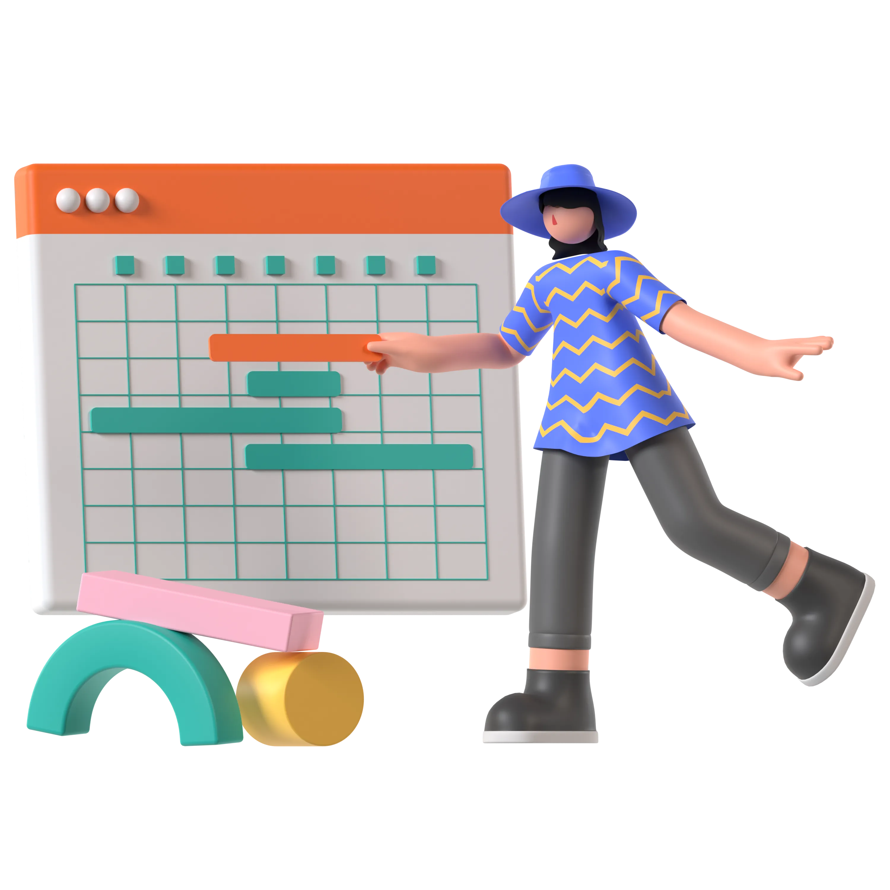 Ilustración 3D de una línea de tiempo de proyecto con avances