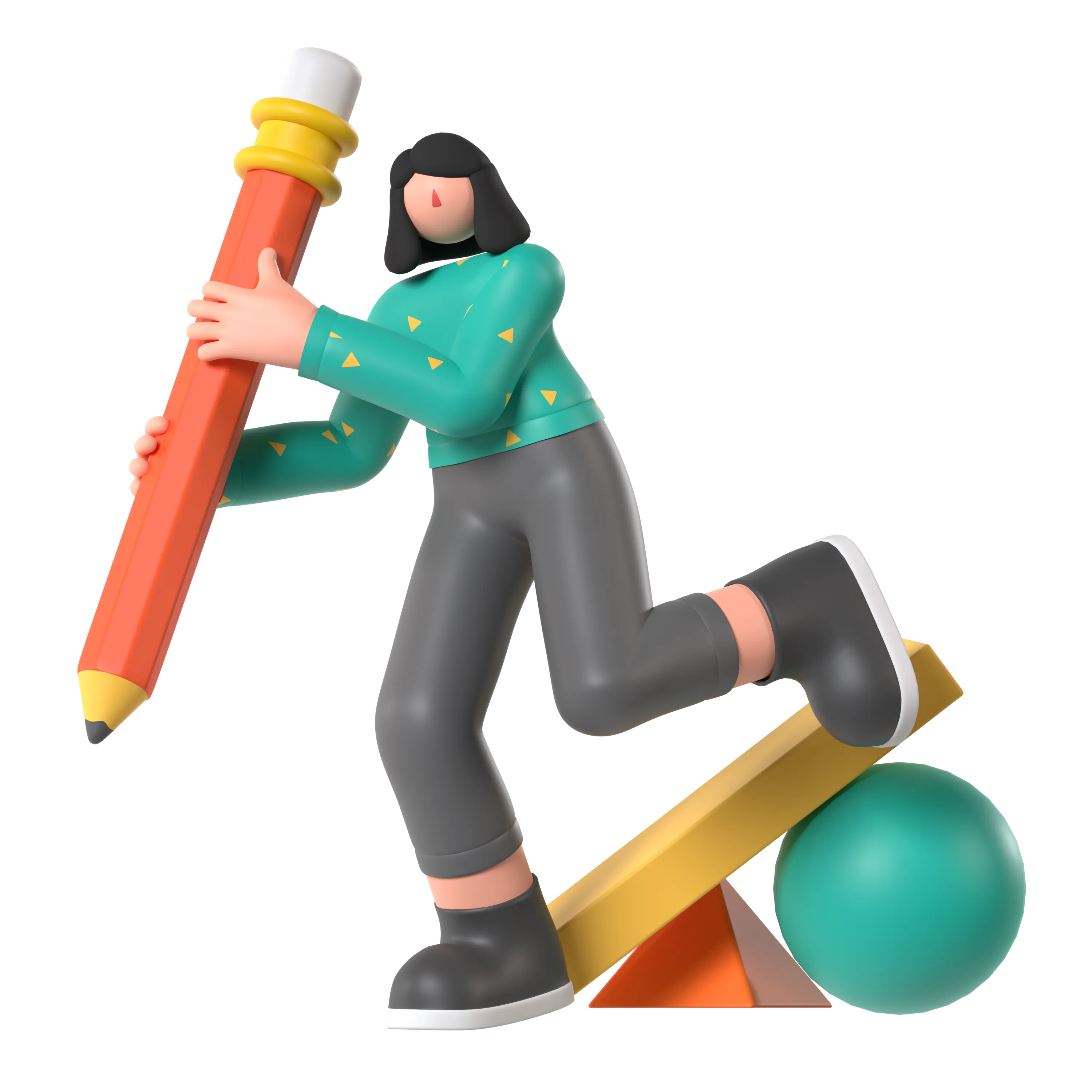 Ilustración 3D de una persona escribiendo con un lápiz gigante