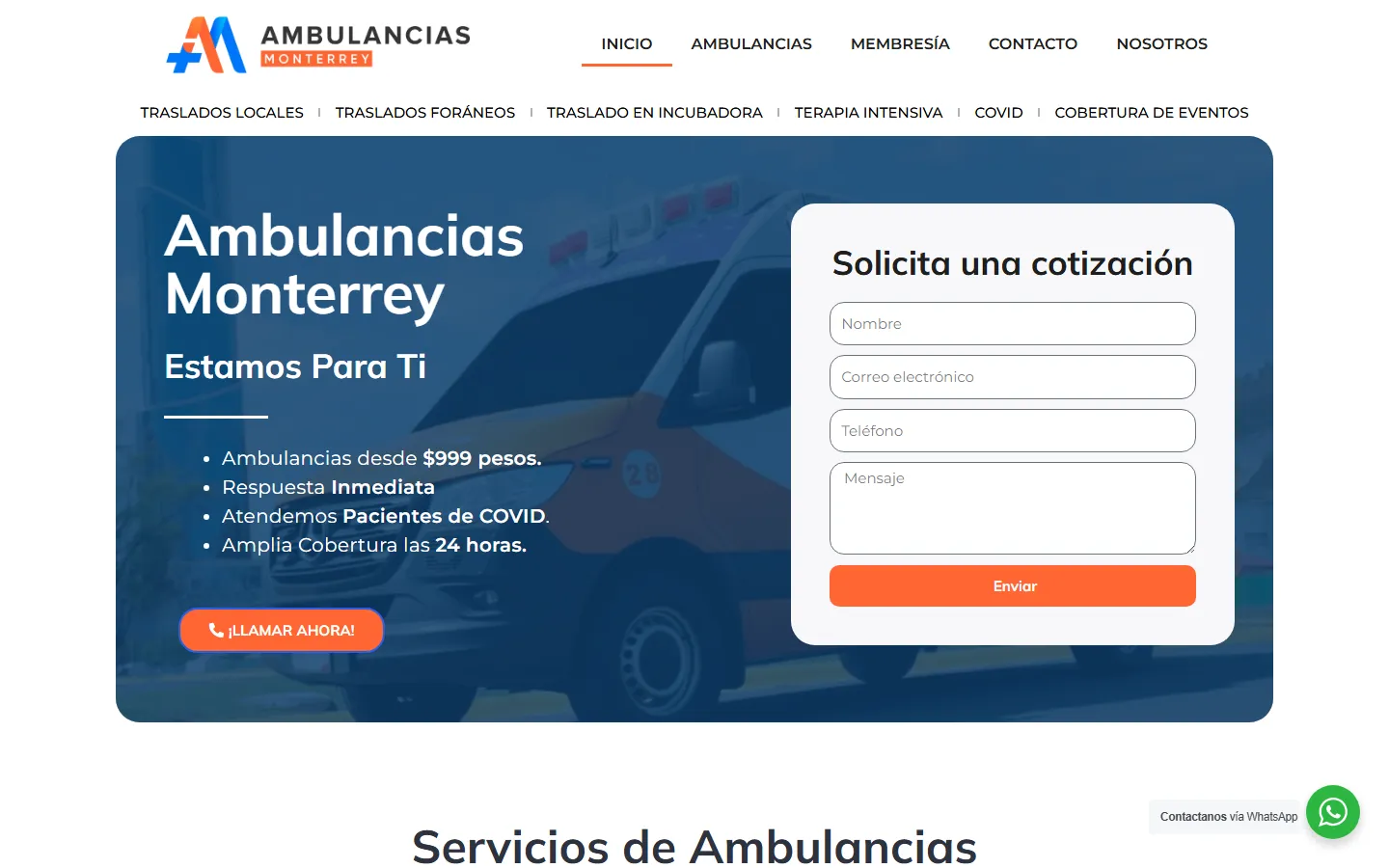 Captura del sitio de Ambulancias Monterrey