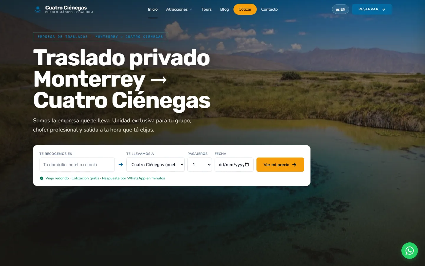 Captura del sitio de Cuatro Ciénegas Transfers