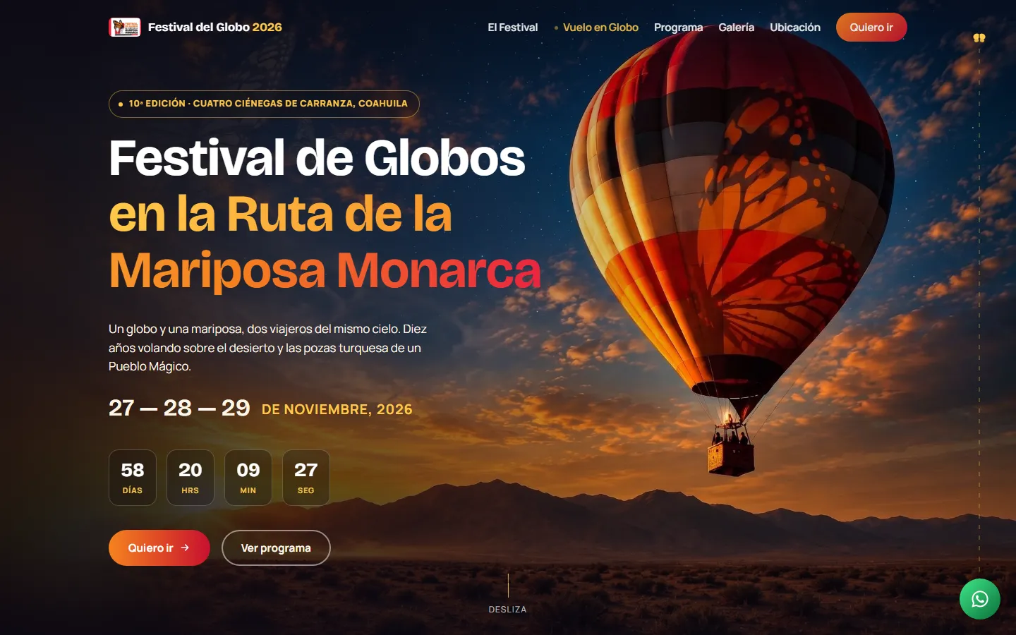 Captura del sitio de Festival del Globo · Cuatro Ciénegas