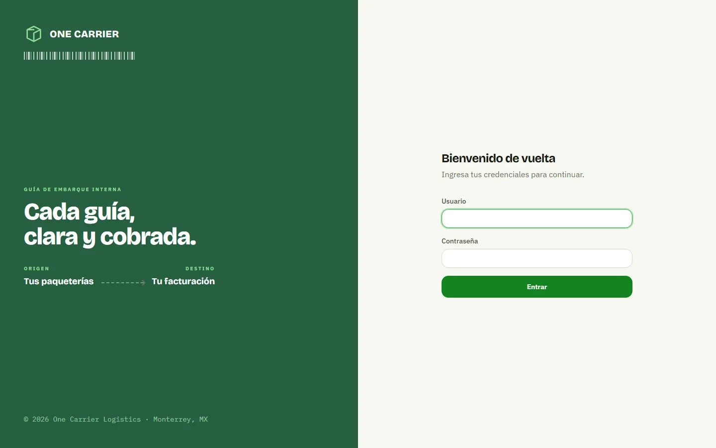 Captura del sitio de One Carrier Logistics