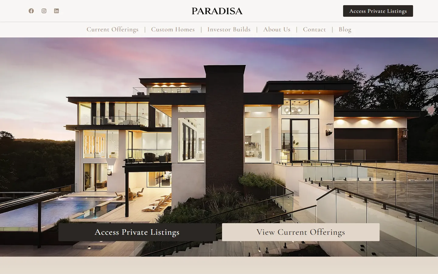 Captura del sitio de Paradisa Homes